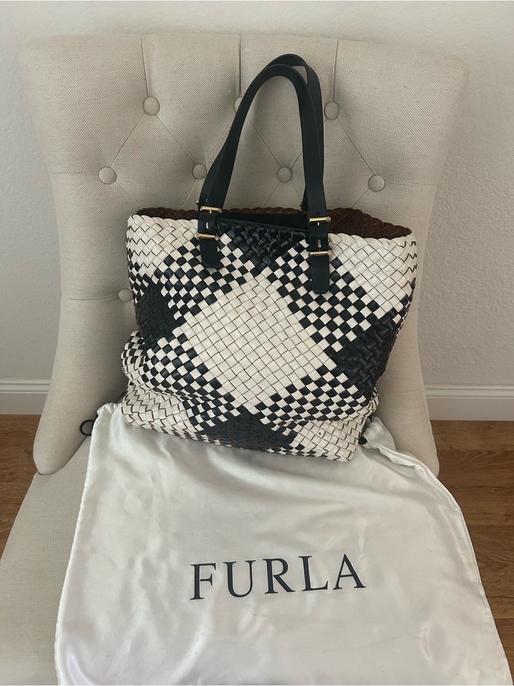 Furla Black and White Woven Leather Tote with Top Handles